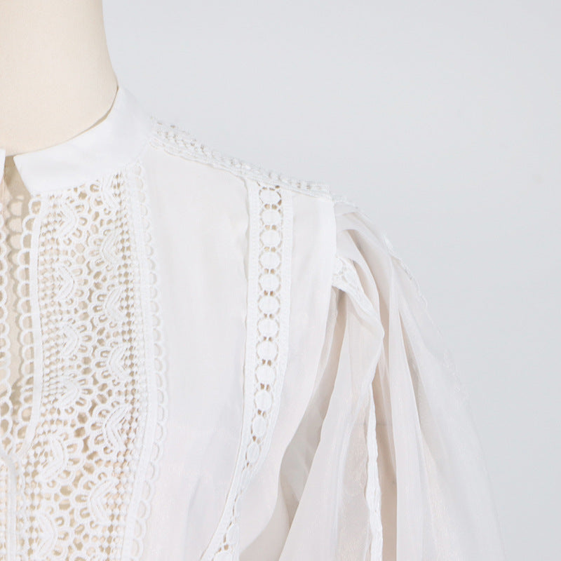 Elegant puff sleeve short dress in white lace with eyelet details