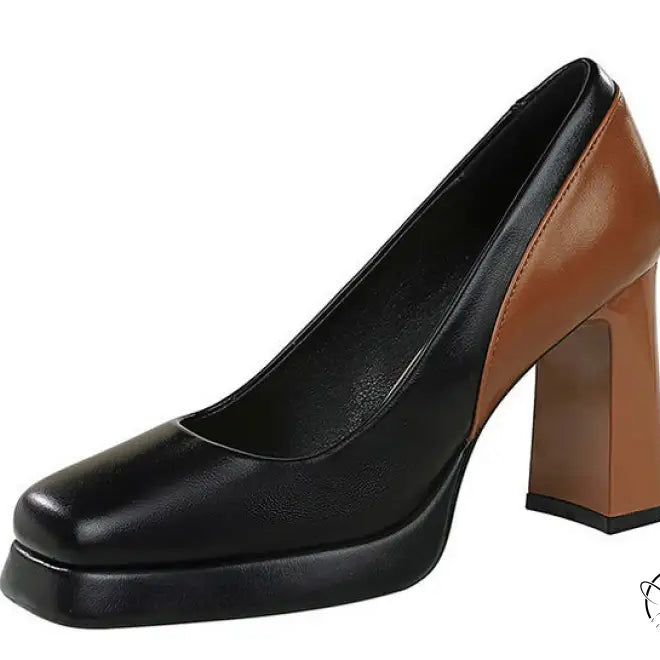 Fashionable langry black and tan leather platform pump with chunky heel
