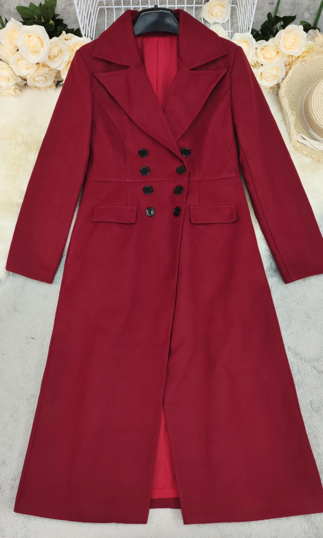 Red double breasted long wool coat with black buttons for autumn winter fashion