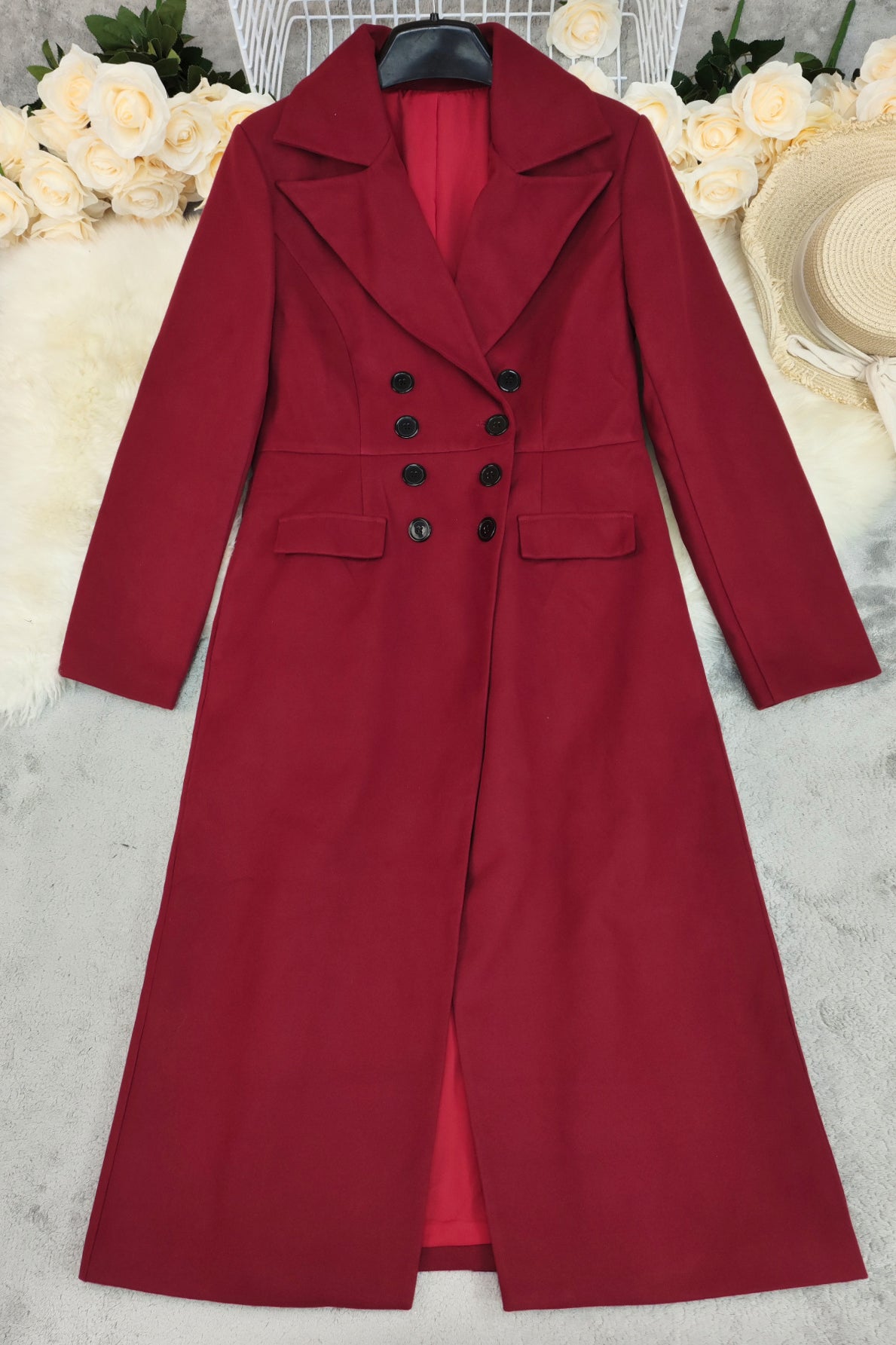 Red double breasted long wool coat with black buttons for autumn winter fashion