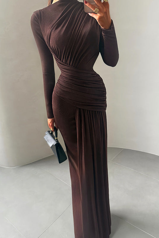 Brown winter pleated slim fit dress with high neckline and jersey fabric