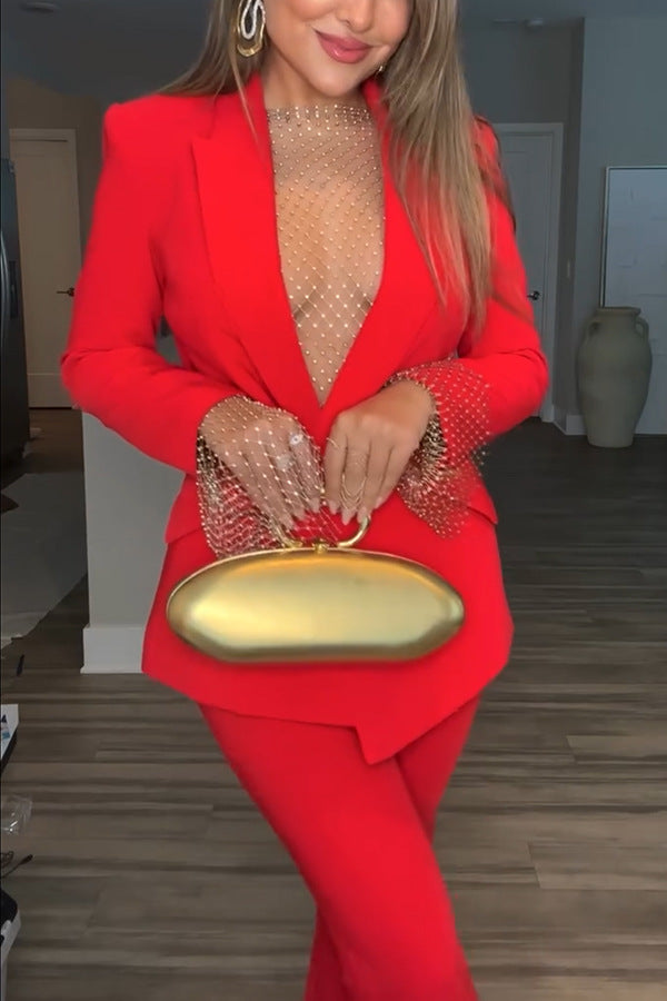 Woman in red suit with gold clutch showcasing Casual Professional Pants Two Piece Sets, fashion style