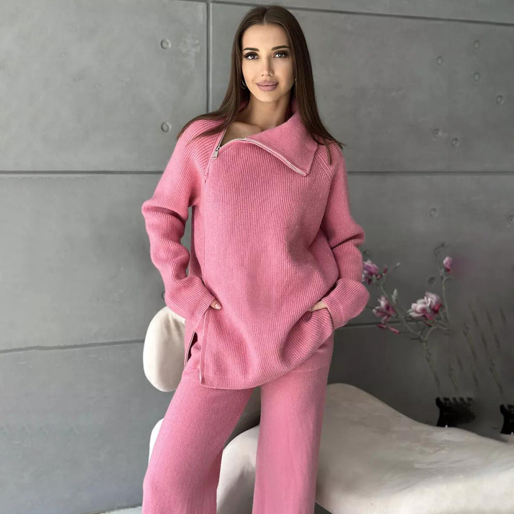 High Collar Zipper Knitted Sweater Suit in Pink - Trendy langry fashion ملابس