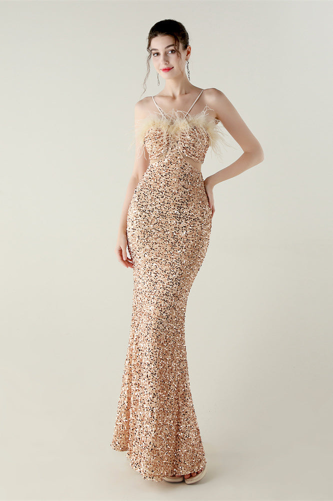 Rose gold sequined Langry mermaid evening dress with high neckline
