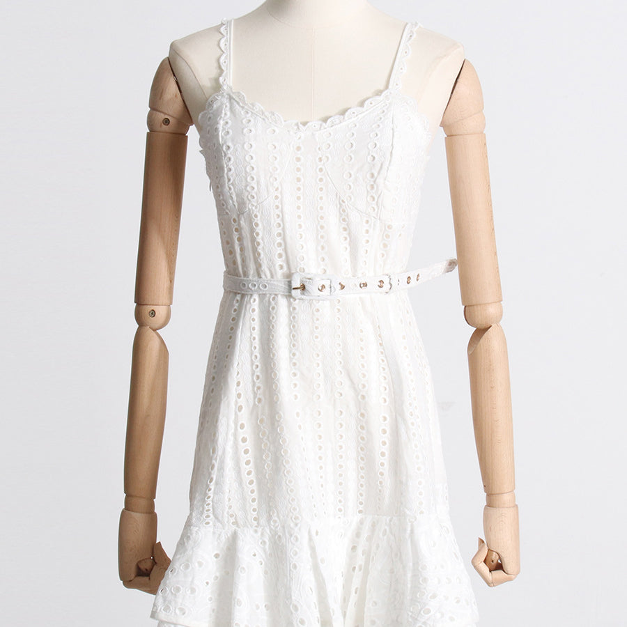 White eyelet lace sundress with ruffled hem, adjustable straps for summer fashion ملابس
