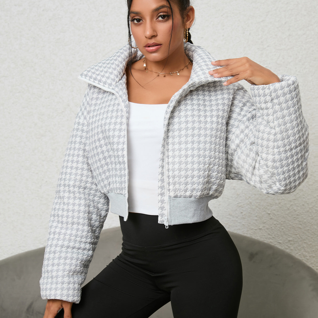 Cropped houndstooth puffer jacket from langry for stylish winter ملابس collection