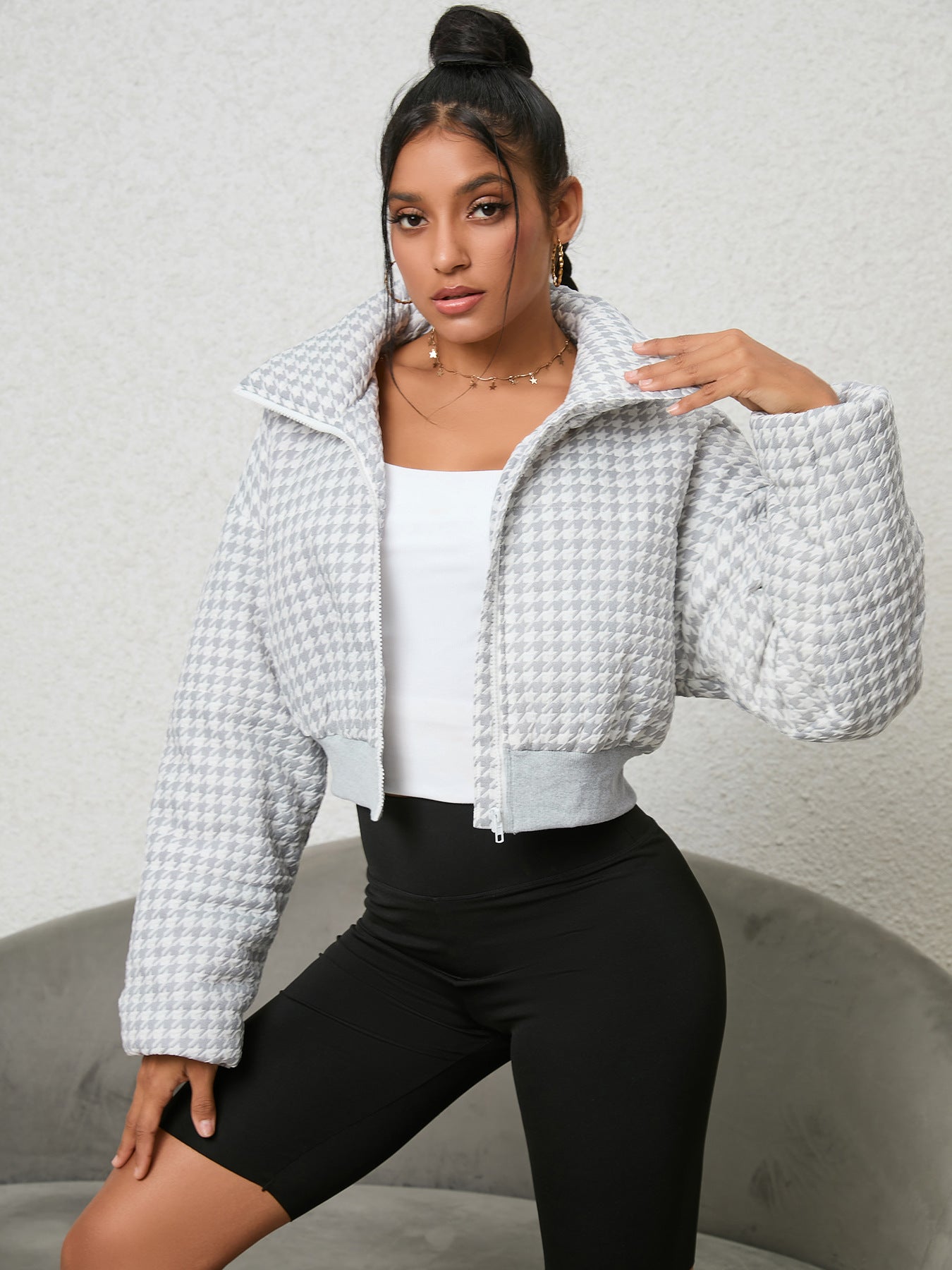 Cropped houndstooth puffer jacket from langry for stylish winter ملابس collection
