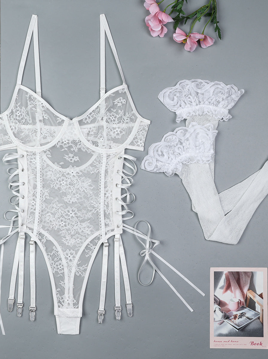 White lace bodysuit with adjustable straps and side ties in Langry fashion ملابس
