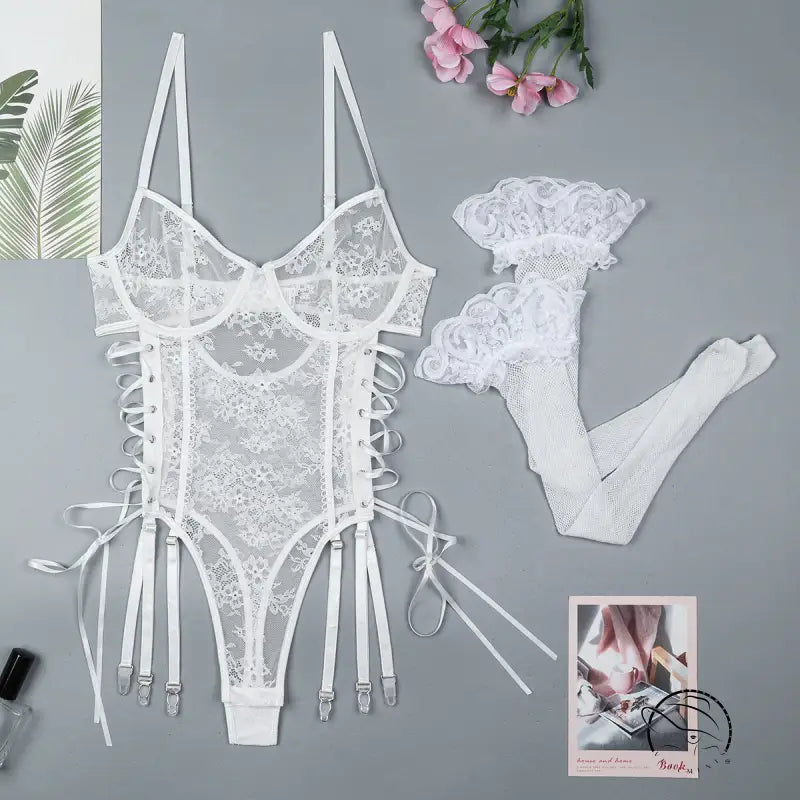 White lace bodysuit with adjustable straps and side ties in Langry fashion