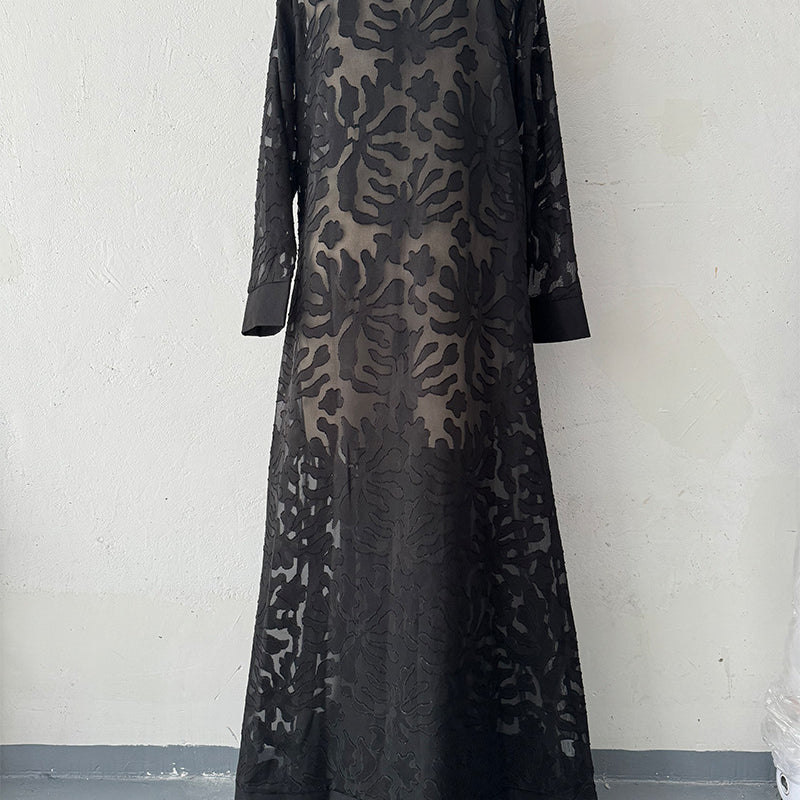 Black floral brocade abaya in Langry fashion trench coat