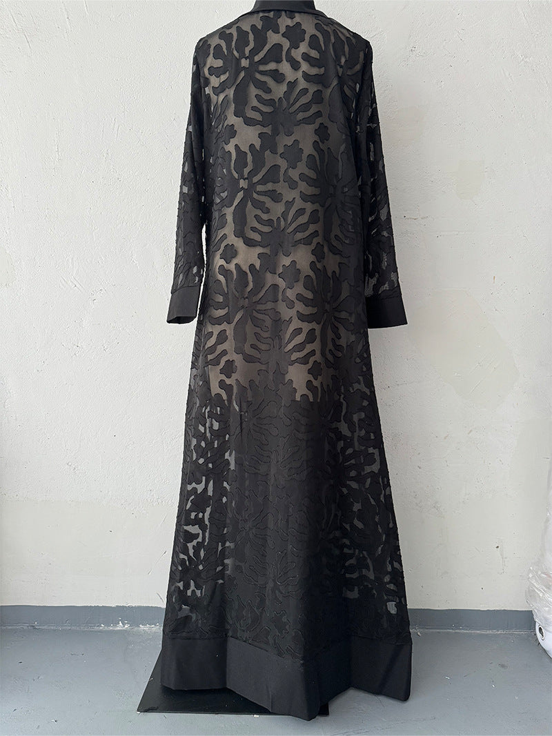 Black floral brocade abaya in Langry fashion trench coat
