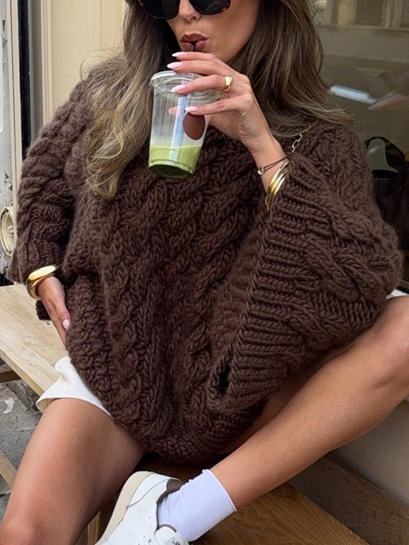 Brown cable knit long sleeve oversized sweater with gold buttons