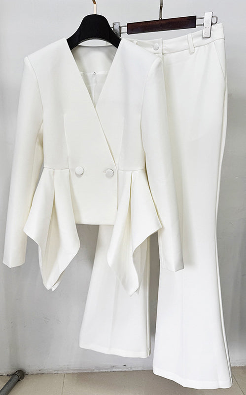 Langry fashion white peplum blazer and flare pants set
