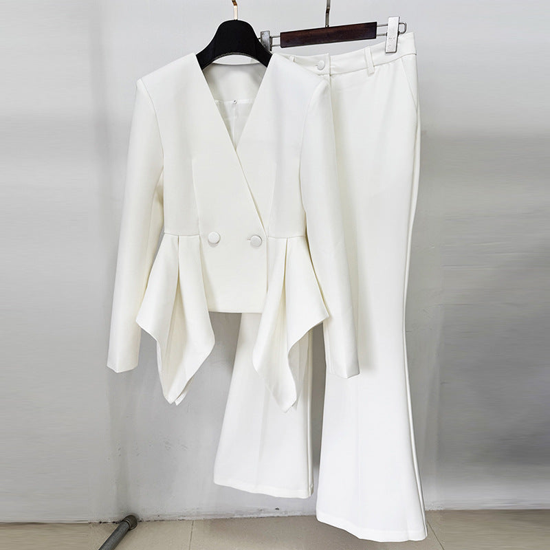 Langry fashion white peplum blazer and flare pants set