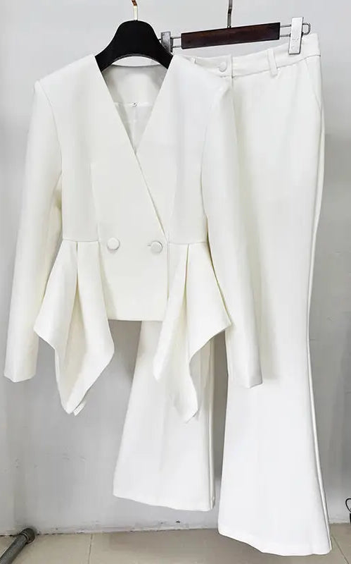 Langry fashion white peplum blazer and flare pants set