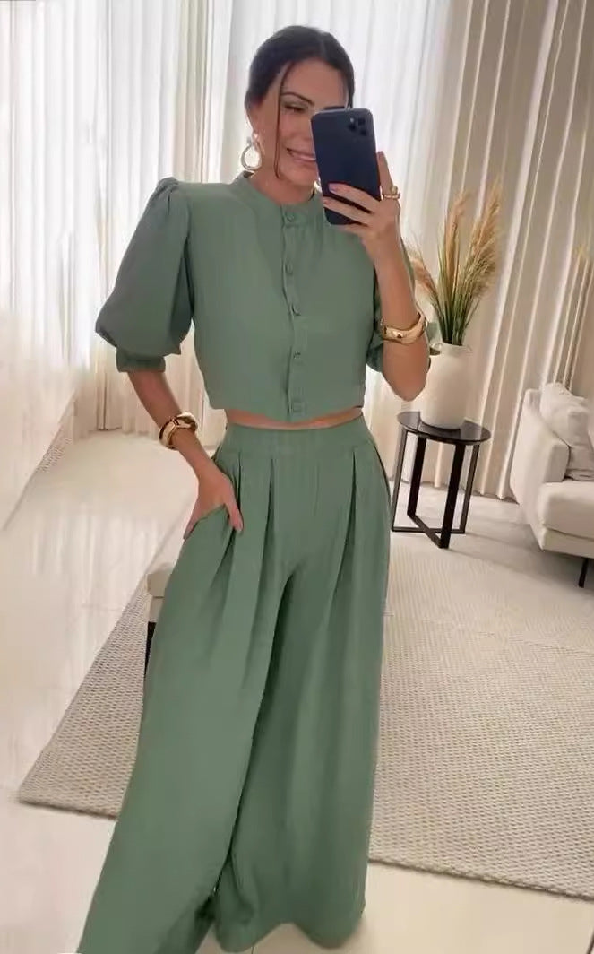 Sage green two-piece outfit from Summer Striped Half Sleeve Top Trousers Suit Women Clothing, perfect for langry fashion and ملابس