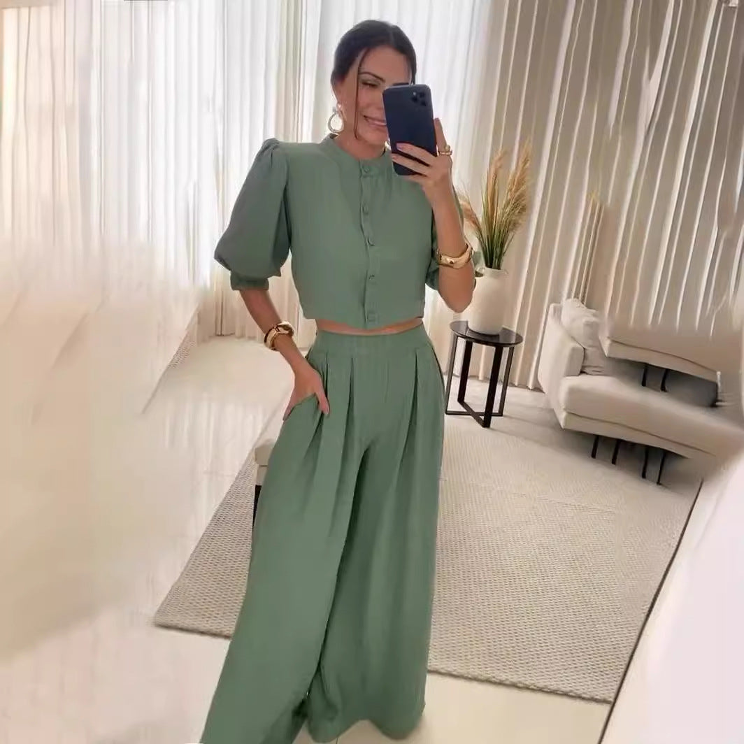 Sage green two-piece outfit from Summer Striped Half Sleeve Top Trousers Suit Women Clothing, perfect for langry fashion and ملابس