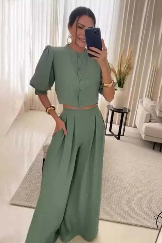 Sage green summer striped half sleeve top and trousers suit