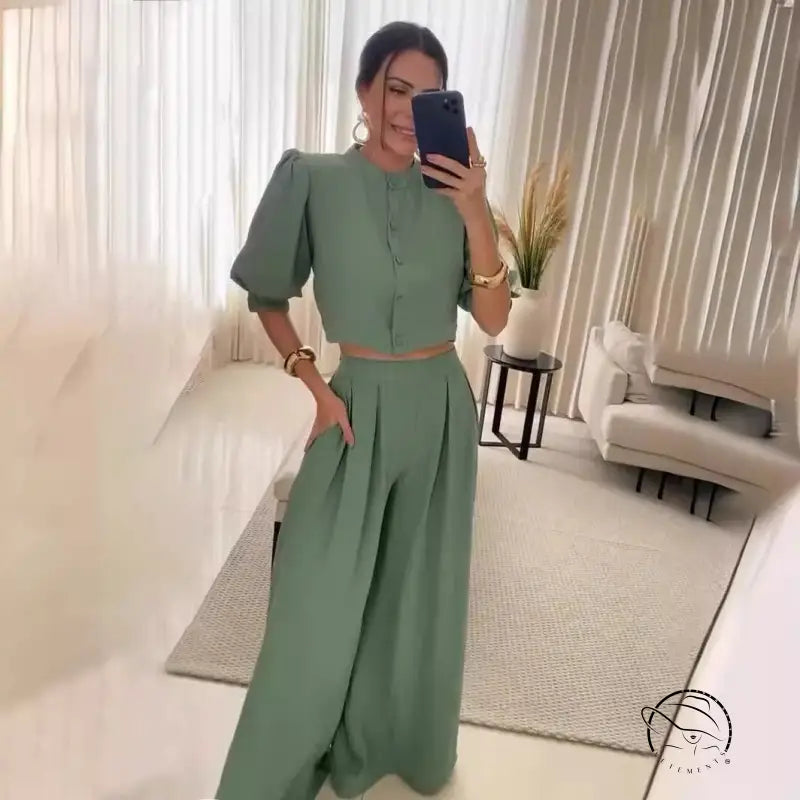 Sage green summer striped half sleeve top and trousers suit