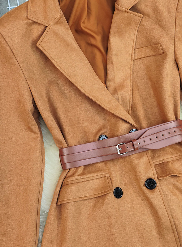 Autumn Winter Suede Long Blazer in Brown with Wide Leather Belt