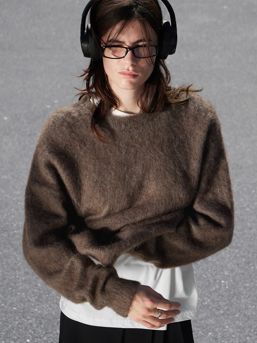 Brown mohair wool alpaca sweater with oversized sleeves and white inner layer
