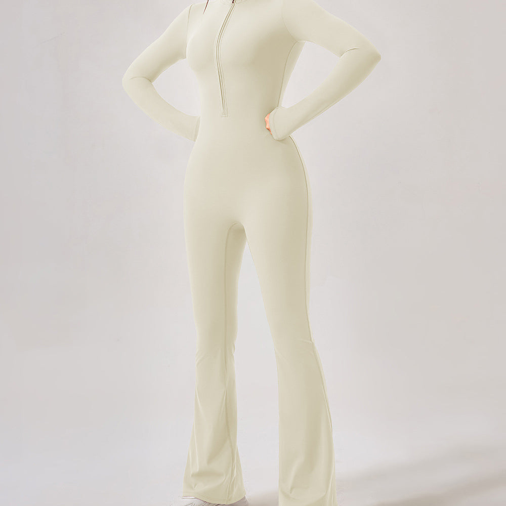 Cream-colored zip-front jumpsuit with flared legs, perfect for casual fashion ملابس