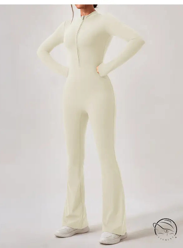 Cream-colored zip-front Comfy One Piece Sportswear jumpsuit with flared legs