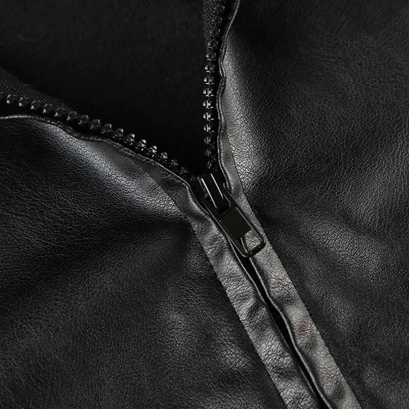 Black faux leather Loose Zipper Leather Jacket featuring a stylish zipper design