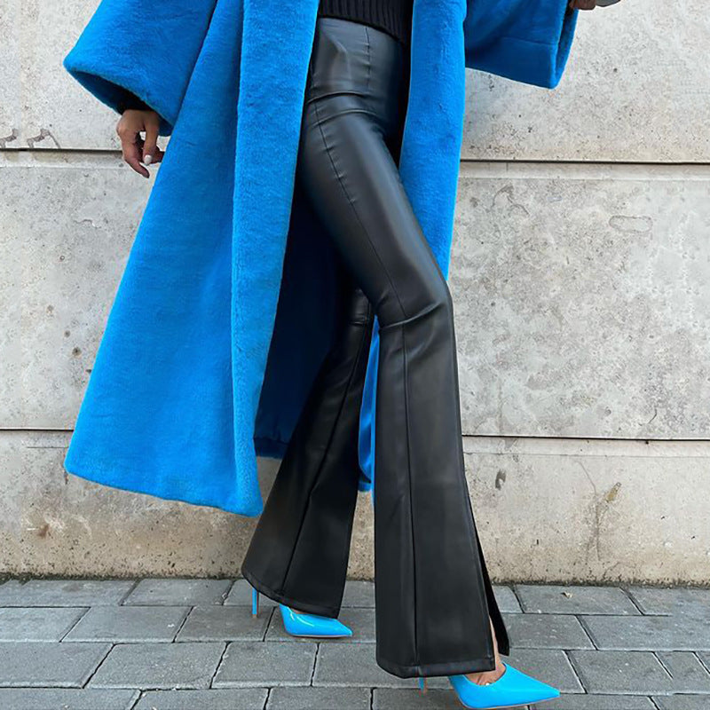 Blue faux leather coat with black leather pants and matching heels for stylish winter fashion