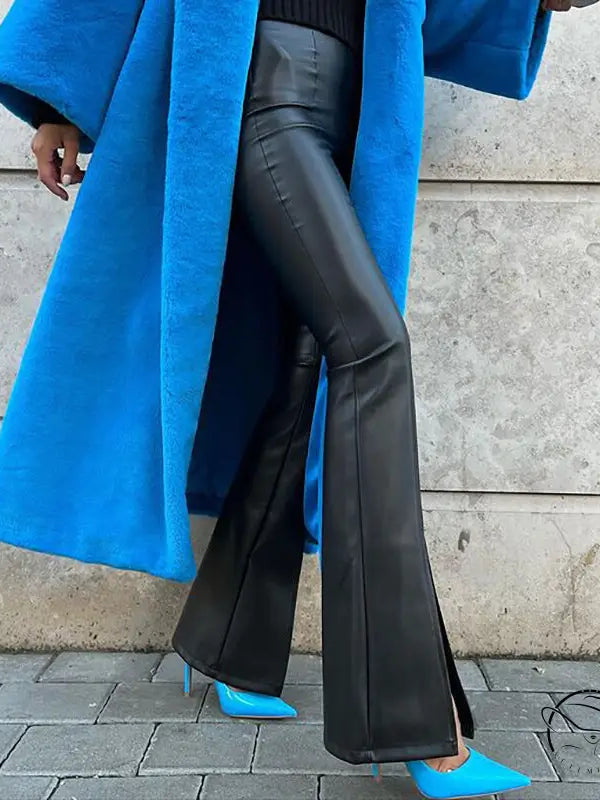 Winter faux leather slit pants with blue coat and black heels