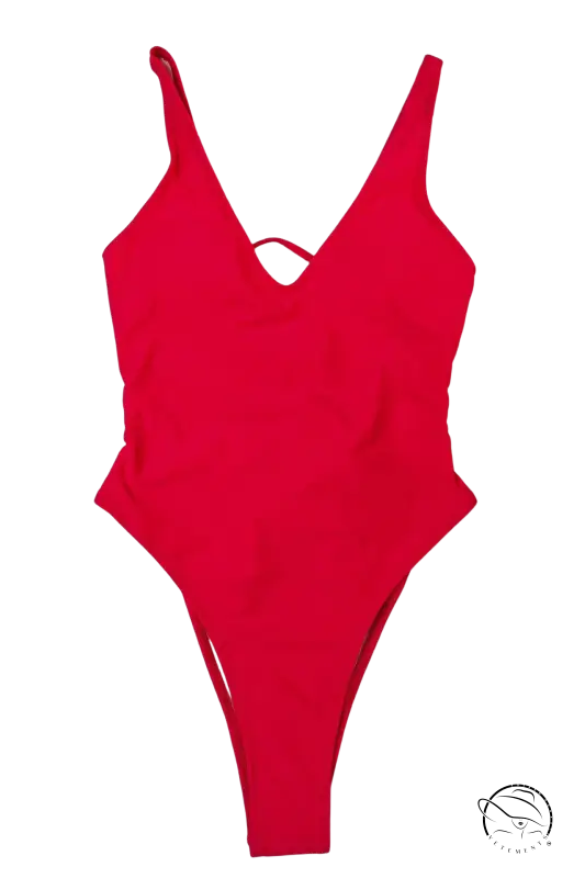 Vibrant red one-piece swimsuit with thin straps and cross-back design