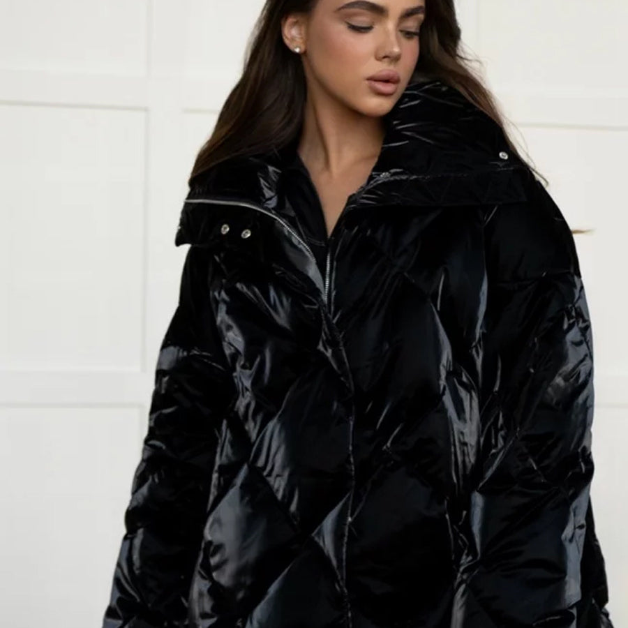 Langry black glossy puffer jacket with quilted hood for fashion ملابس