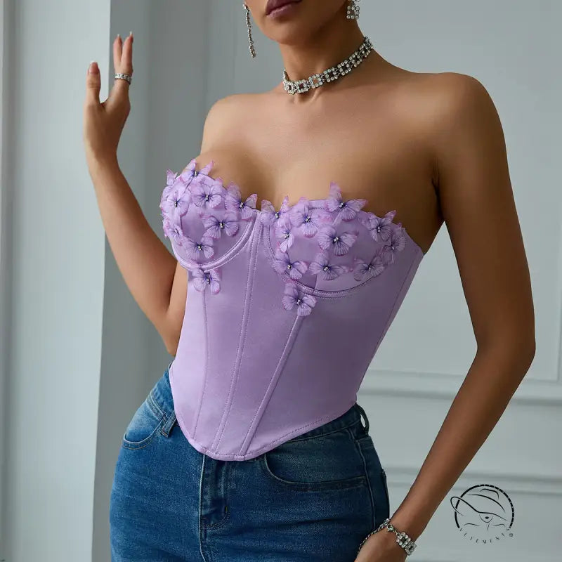 Low cut satin butterfly tube top corset in lavender with floral embellishments
