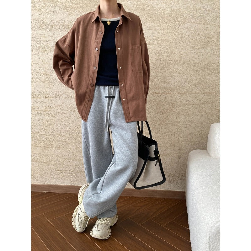 Casual brown shirt and gray sweatpants outfit featuring Langry fashion ملابس