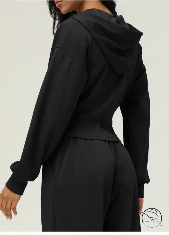 Black hooded casual cardigan sweater set with pants