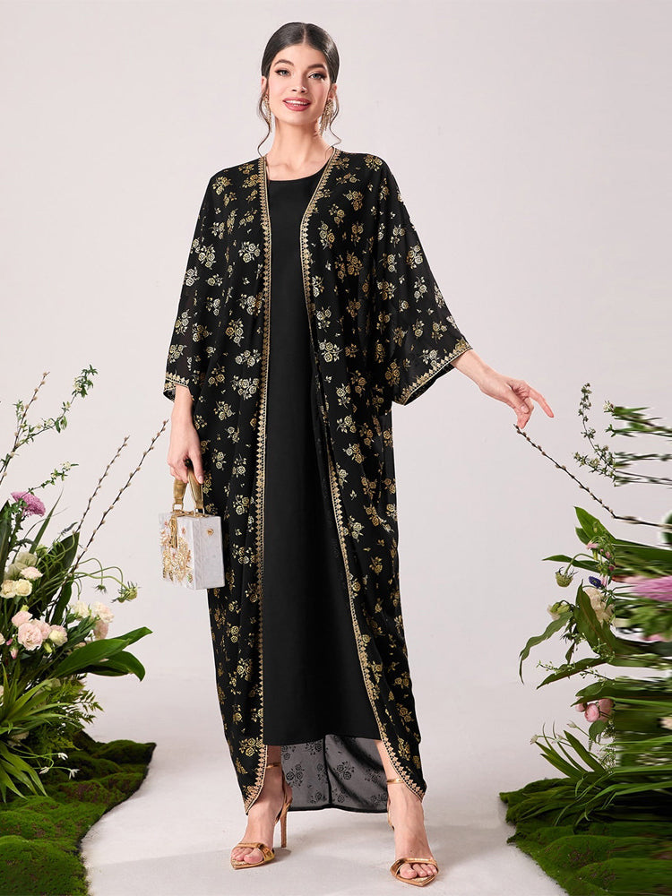 Elegant black floral kimono with gold trim in langry fashion