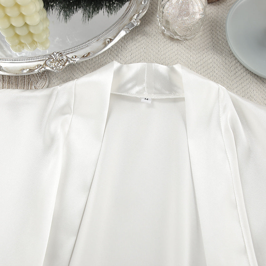 White satin robe with open front and lustrous finish, perfect for comfortable silk feather nightgown