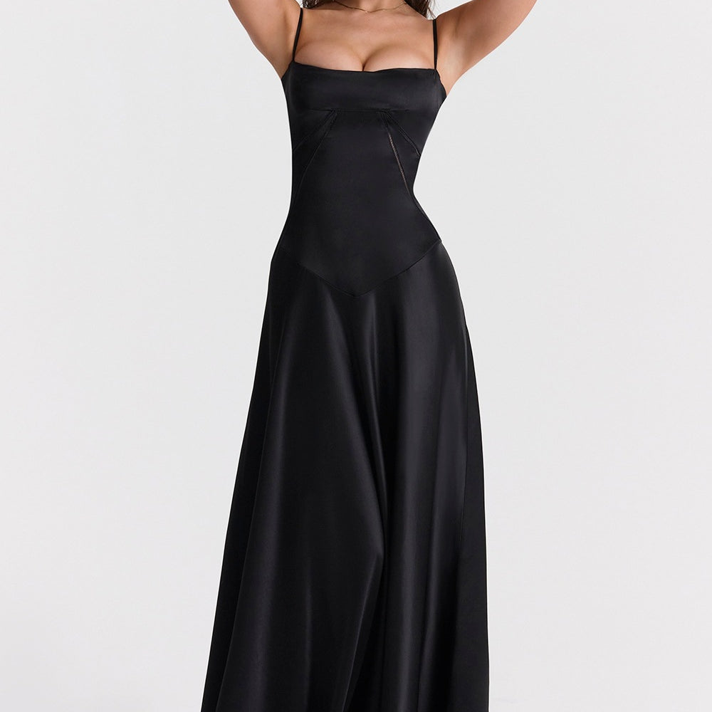 Sleeveless black satin gown as part of Beautiful Backless Evening Dress fashion collection