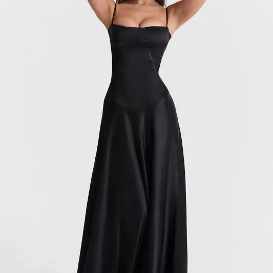Sleeveless black satin langry fashion evening dress
