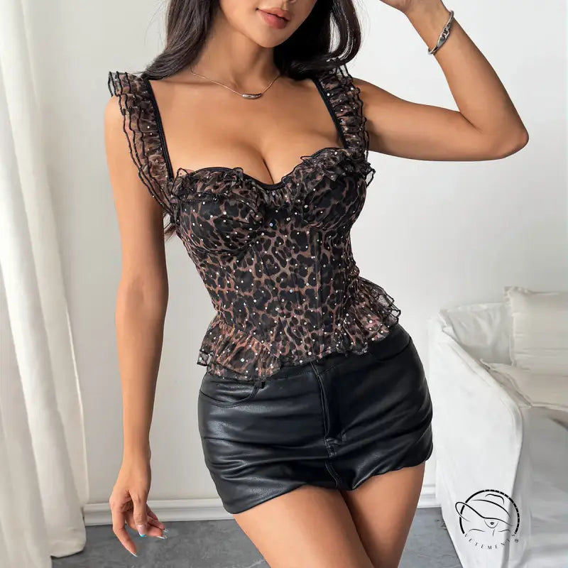 Langry elegant slim fit boning corset in leopard print lace with black leather shorts