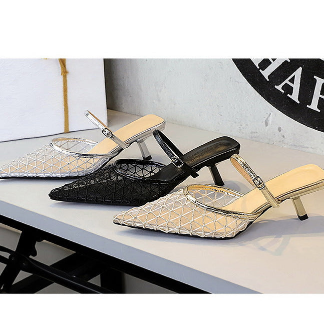 Langry fashion mesh lace pointed toe stiletto sandal in silver black