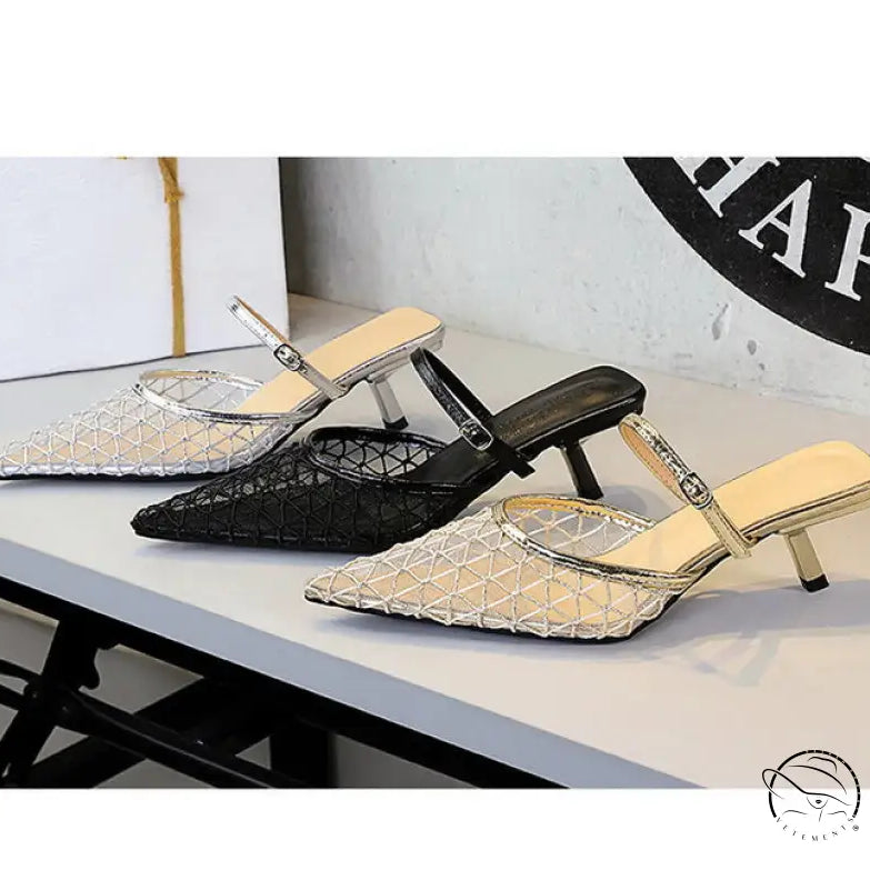 Langry fashion mesh lace pointed toe stiletto sandal in silver black weave