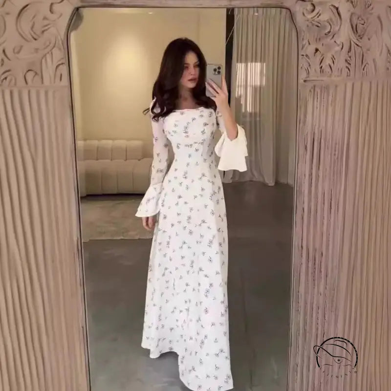 Summer U Neck floral print long-sleeved white dress with flared sleeves