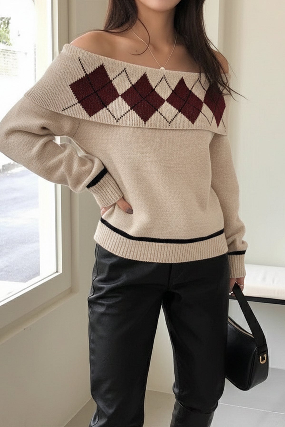 Elegant langry cream argyle off-shoulder fashion sweater with brown accents