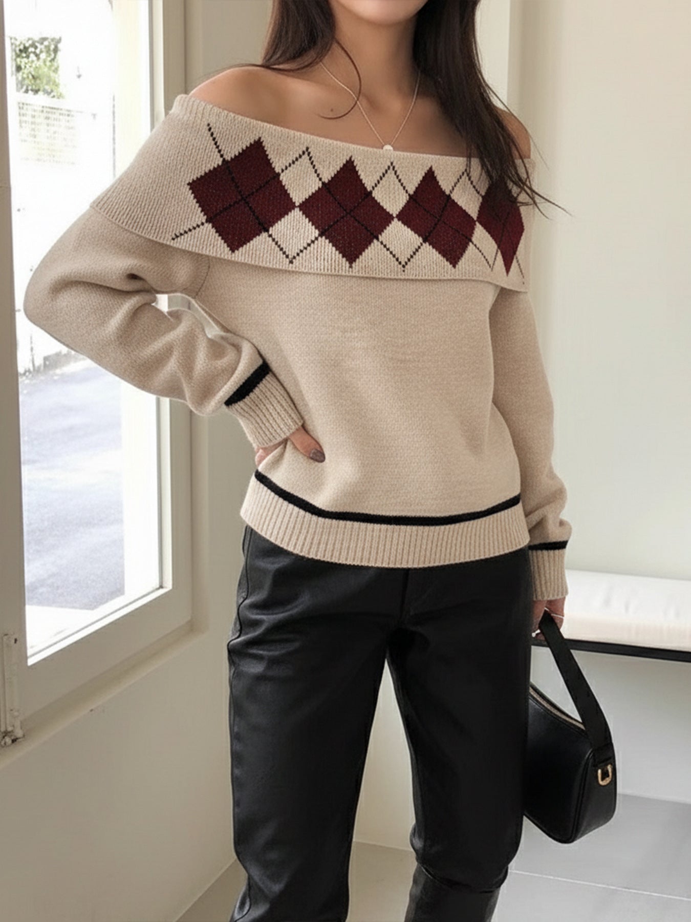Elegant langry cream argyle off-shoulder fashion sweater with brown accents