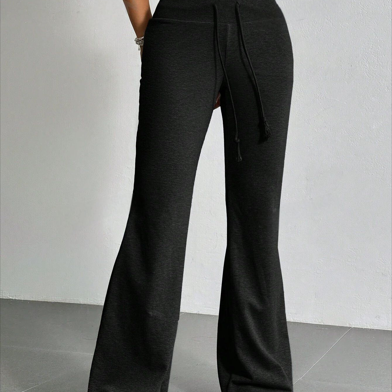 Black flared drawstring High Waist Casual Solid Color Bell Bottom Pants for stylish fashion ملابس