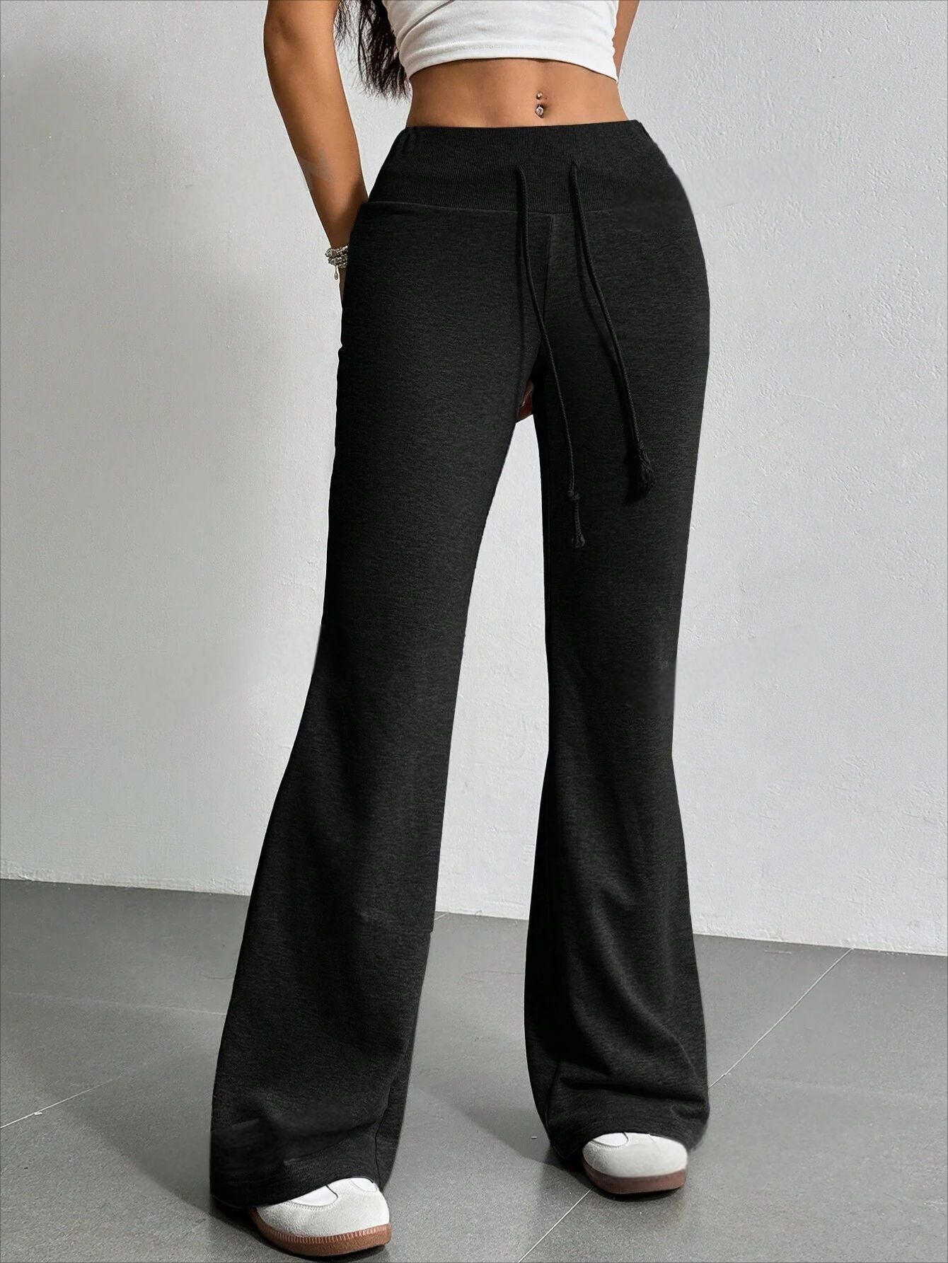 Black flared drawstring High Waist Casual Solid Color Bell Bottom Pants for stylish fashion ملابس