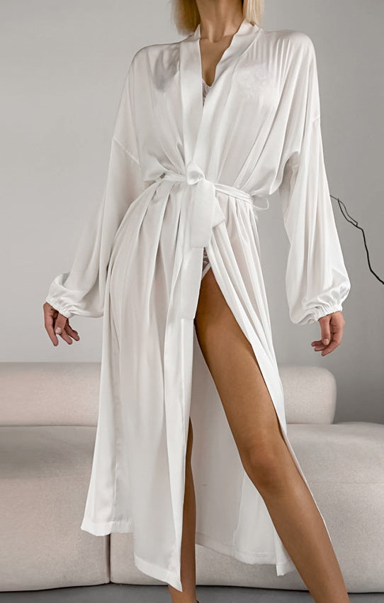 Langry fashion white satin robe with long sleeves and side slit for comfortable homewear