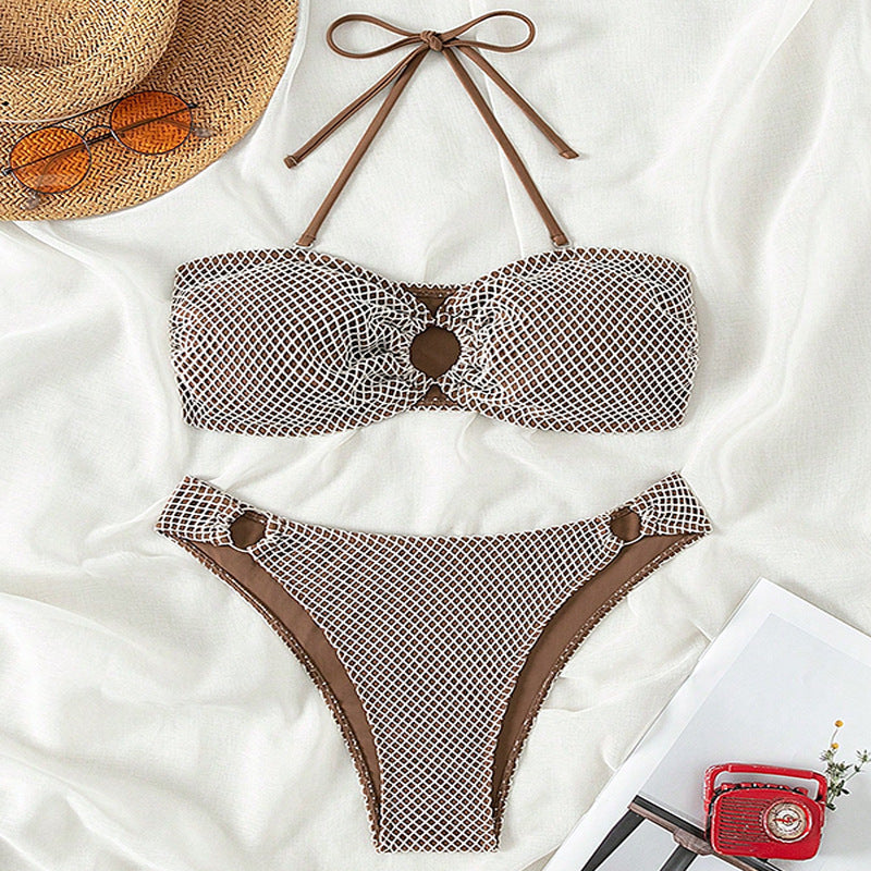 Brown and white checkered bikini split swimsuit for women, high waist beachwear