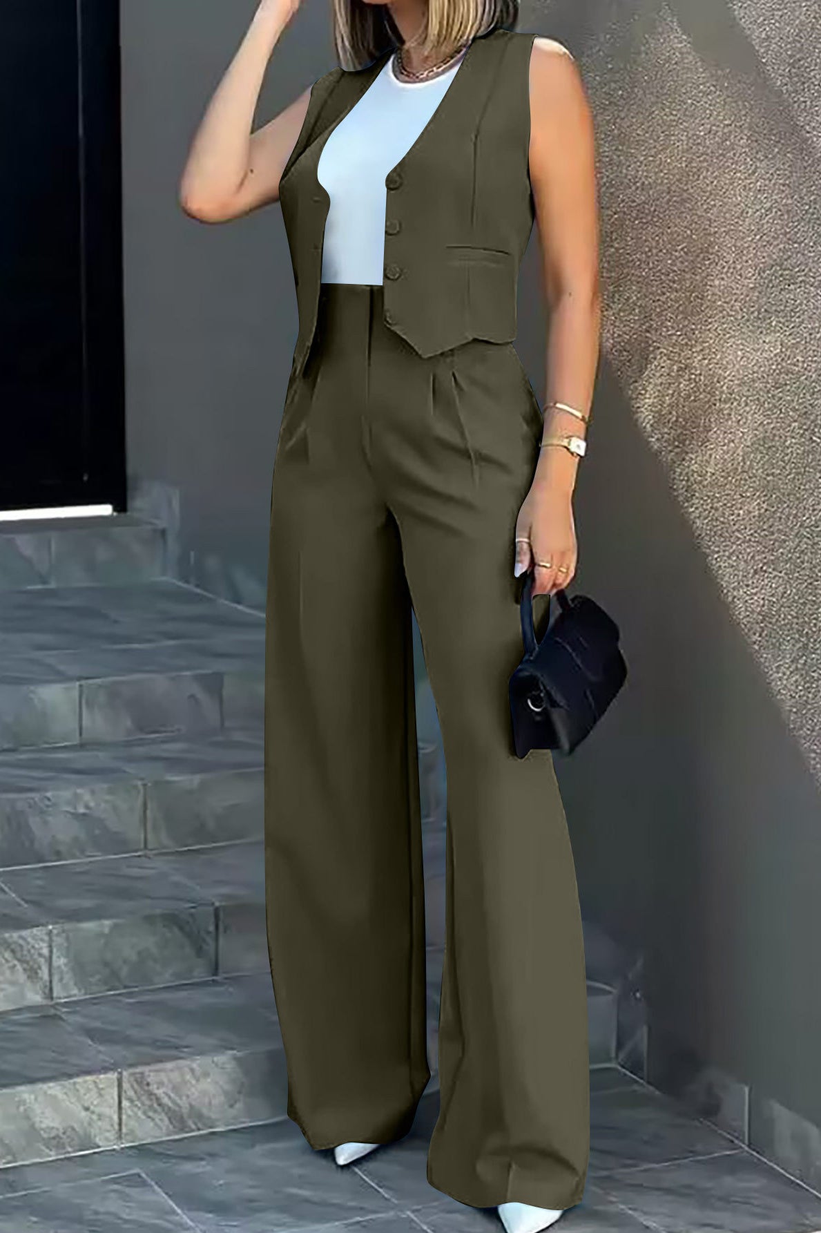 Olive green Elegant Vest Jacket Wide Leg Pants Set for chic fashion ملابس styling